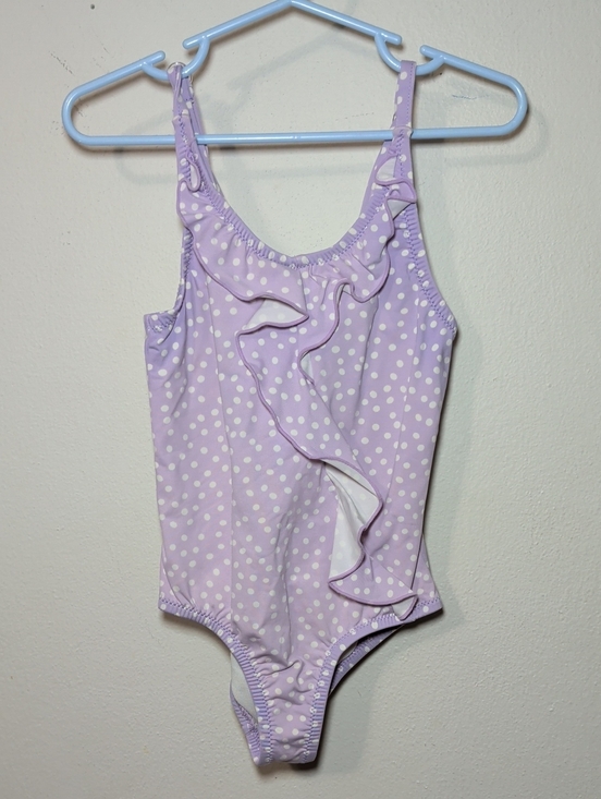 Garnet Hill Other - Garnet Hill Polka Dot One-Piece Swimsuit Lilac + White Ruffle Front Girls Size 3